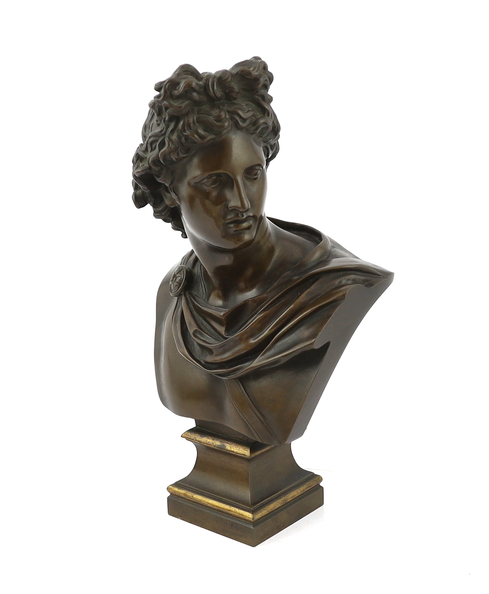 A 19th century Grand Tour bronze bust of Apollo Belvedere, 32cm high